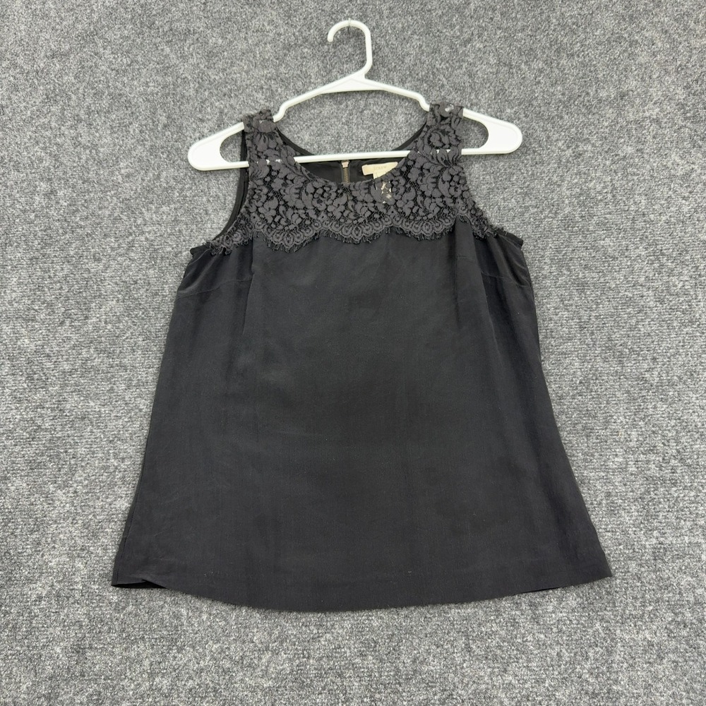 J Crew Tank Top Womens 0 Black Silk Lace Trim Sleeveless Back Zip Casual Chic